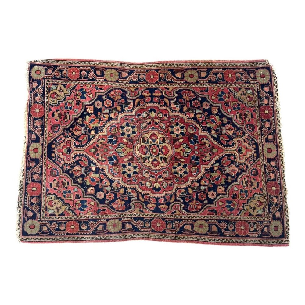 Vintage Tabriz Wool Silk Hand Knotted Area Rug 34X25 Red & Navy Floral Medallion